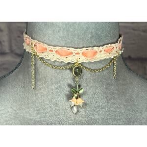 Handmade Shabby Chic Cottagecore Victorian Choker with Upcycled Lily Pendant